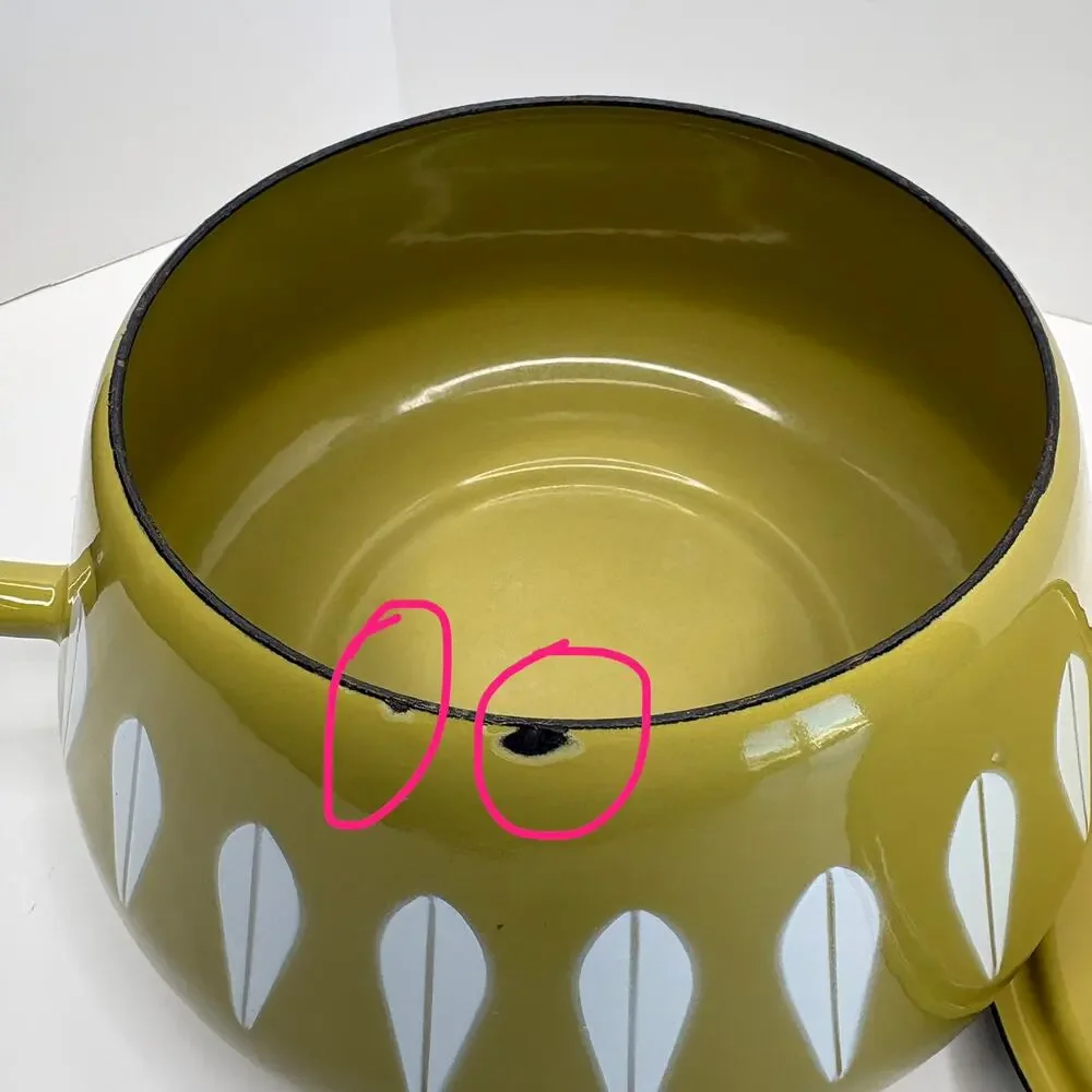 Vintage MCM Cathrineholm Avocado Green Enamel Lotus Design Fondue Pot